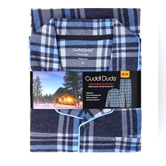 Men's Cuddl Duds Cozy Lodge Notch Collar Top & Bottoms Pajama Set - Navy Plaid - Picture 3 of 9